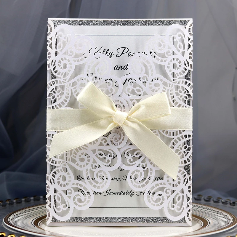 

10 шт. Пригласительные открытки, свадебные пригласительные открытки, подарочные открытки, лазерная вырезка с лентой, конверт на заказ для фо...