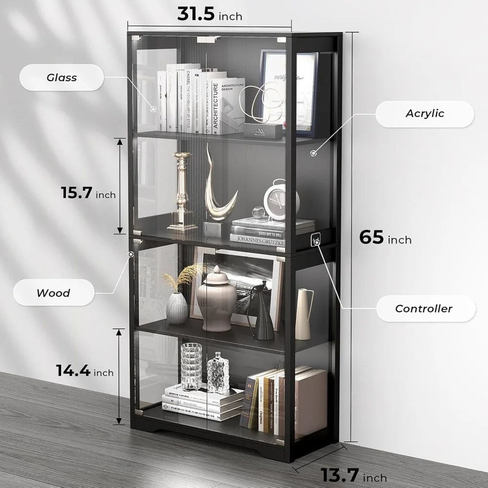 Display Cabinet with Glass Doors, 4-Tier Curio Cabinet&Bookcase with 3 Color Light for Collectibles, Toys, Books 2