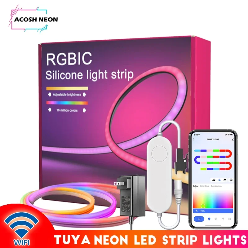 10M/32.8ft TUYA Led Neon Rope Light 12V/24V 84LEDs/M RGBIC Addressable LED Strip with Music Sync Flexible Pixels Strip Lights