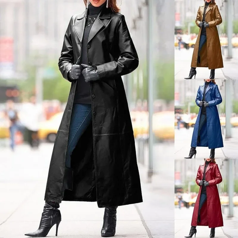 2023 Women's Autumn and Winter Solid Color Button Leather Coat Long Coat Artificial Leather, Slim Windbreaker Women's Clothing janevini vintage autumn eucalyptus silk roses real touch bridal holding flowers artificial weding bouquets bride bouquet marie