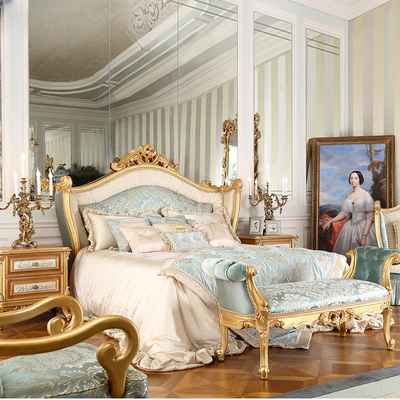 

European style villa bedroom furniture Luxury solid wood carved fabric 1.8m master bedroom double wedding