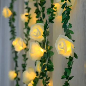 White Rose Flower Vine LED String Light with Green Leaves Battery Powered Fairy Garland for Wedding Home Garden Decoration