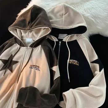 American Trendy Brand Retro Sweatshirt Star Corduroy Couple Jacket Womens Color Block Y2K Embroidered Cardigan Hooded Sweatshirt