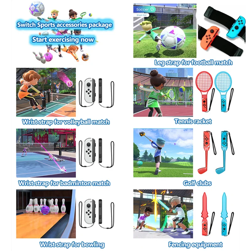 Ensemble d'accessoires de sport Nintendo Switch 10 en 1 clubs de golf /  raquettes de tennis / sangles de jambe / accessoires de jeu Nintendo switch  console de jeux portable Ensemble d'accessoires