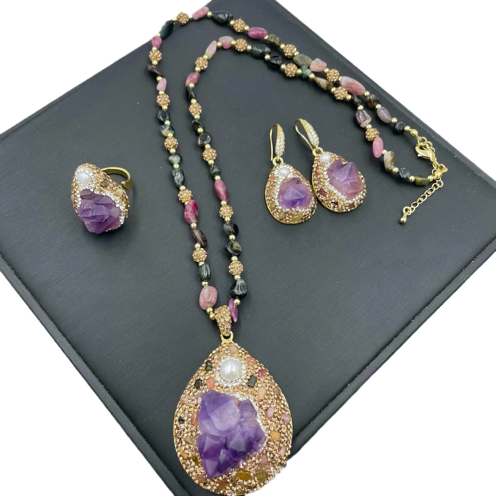 

ST042 New Natural Amethyst Pearl Niche Personalized Inlaid Raw Stone Tourmaline Sweater Chain Grace Temperament Jewelry Set