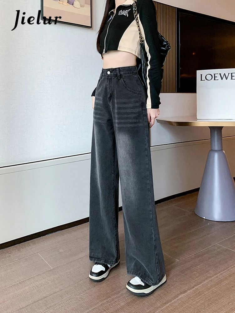 jielur American Vintage High Waist Loose women Jeans Fashion Street Casual Jeans Black Grey Simple Basic Straight Leg Pants