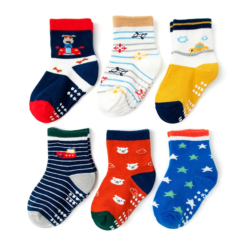 6 Pairs Boys' Non-Slip Socks – Cute Cartoon Pattern Kids Socks, Breathable Comfortable for Indoor & All Seasons
