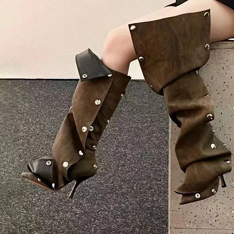 

Pointed Toe Metal Studded Denim Knee-High Boots Casual Two-Wear Nubuck Leather Pleated Botas Stiletto Cowboy Botines Women Shoes