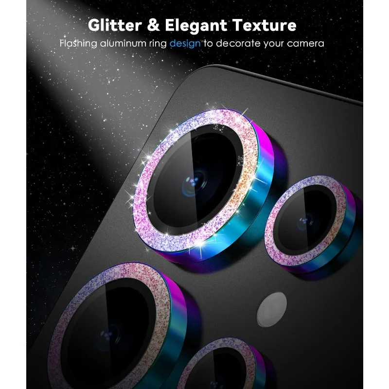Glitter Decoration Ultra-HD Tempered Glass Camera Lens Protector with Metal Ring