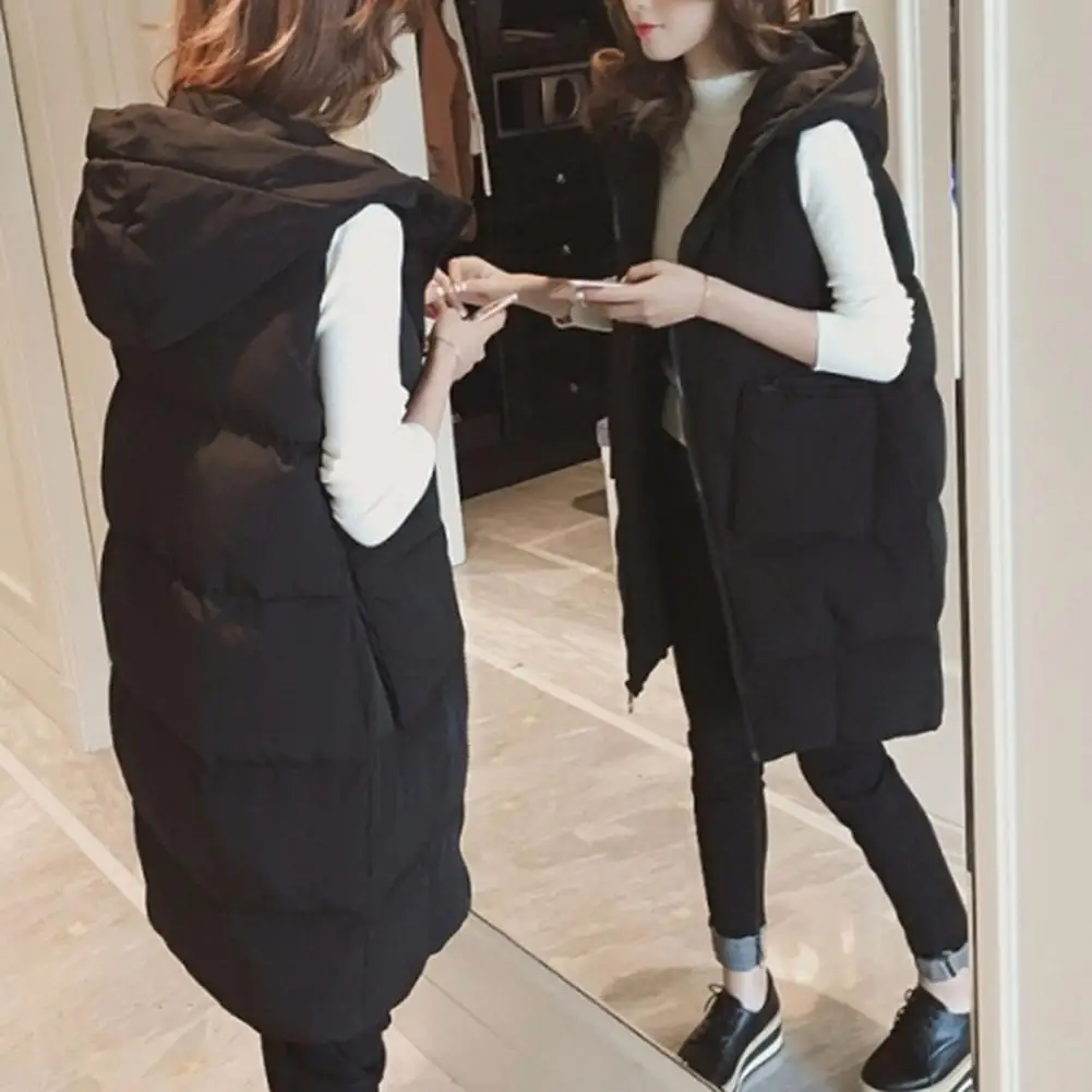 

Winter Women Vest Waistcoat Long Cotton Jacket Loose Oversize Warm Bread Jacket Sleeveless Hooded Woman Jacket with Pocket New