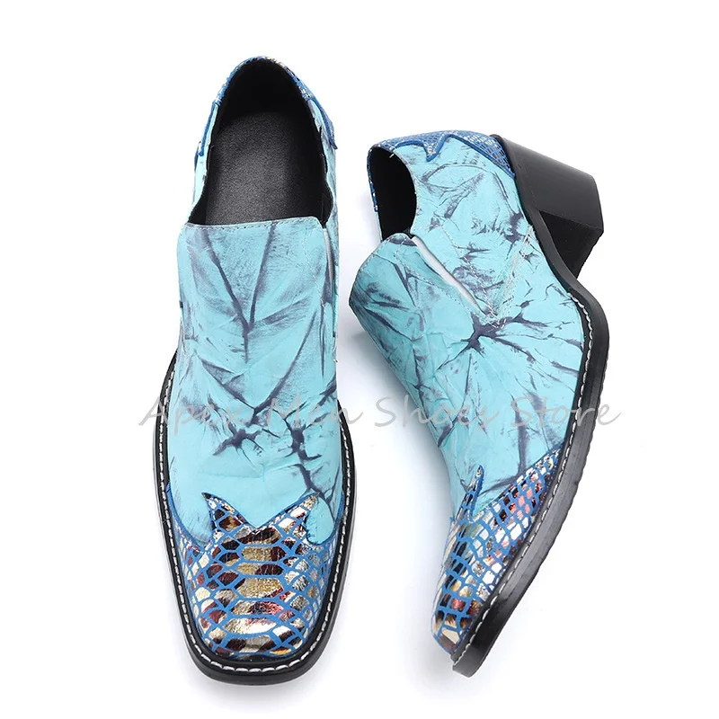 Retro Blue Square Toe Chunky Heel Men's Loafers Spring New Snake Pattern Slip On Brogues Cowhide Casual Footwear Large Size