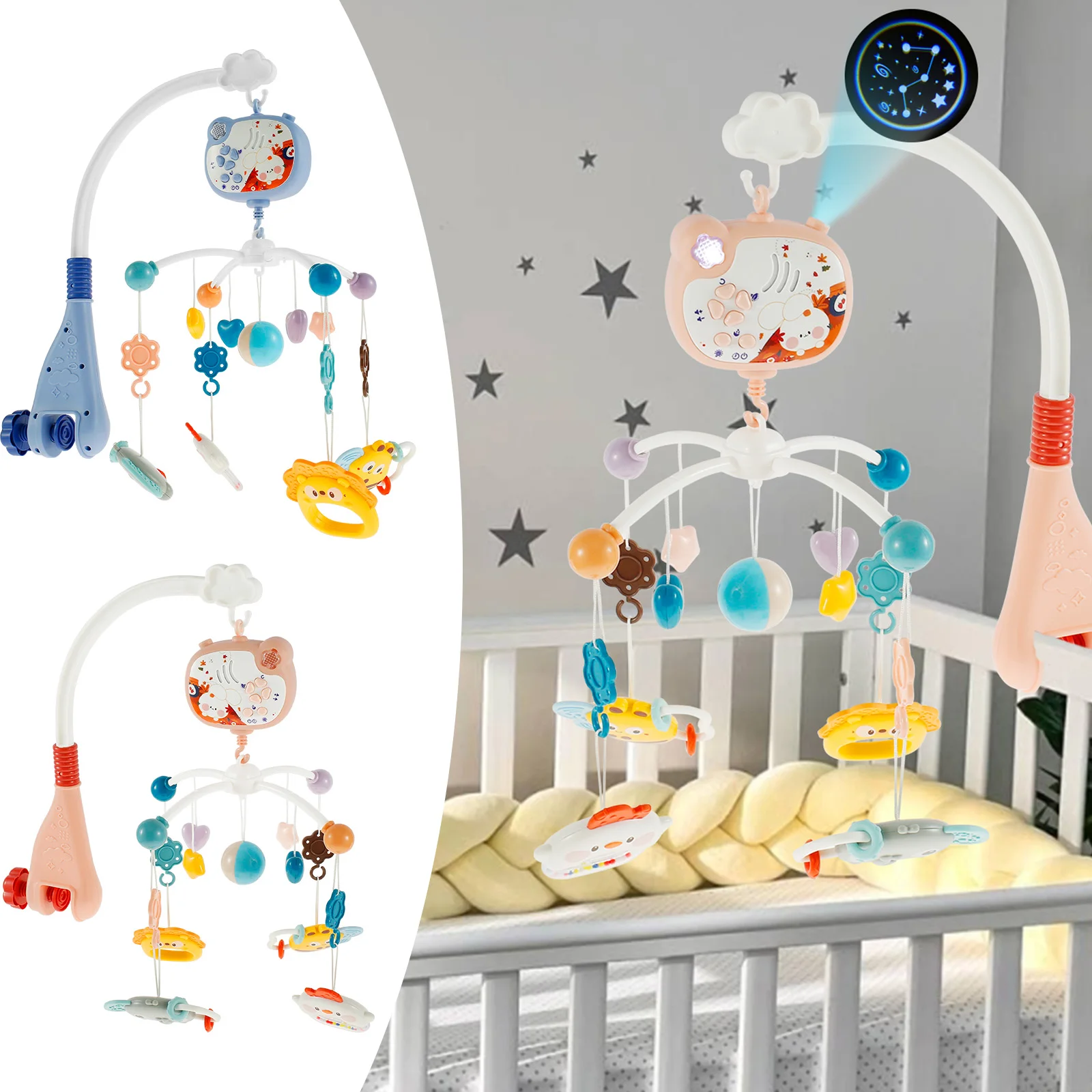 

New Baby Crib Mobile with Music and Light 360° Rotating Musical Crib Mobile Toy with Remote Control Cartoon Hanging Baby Mobile