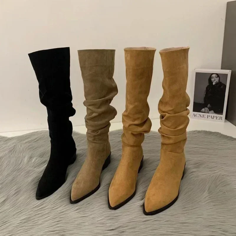Women Knee High Boots Autumn Winter Female Shoes Fashion Female Slip-on Folds Low Heel Round Toe Flat Long Boots Botas De Mujer - 6