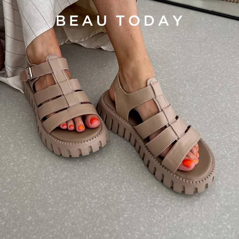 BeauToday Sandals Women Genuine Cow Leather Slingback Rome Style  Slip-On Lady Summer Mid Heel Shoes Handmade 31041