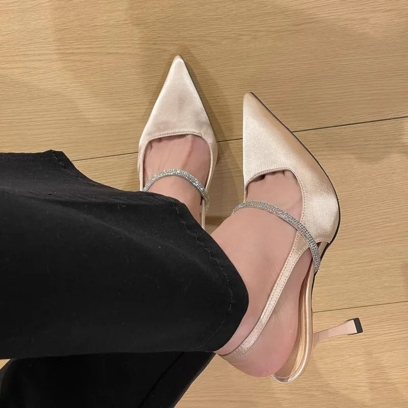 

Pointed Toe Stiletto French Style High Heels Rhinestone Hollow Bridesmaid Dinner Pumps Satin Back Strap Sandals Sandalias Mujer