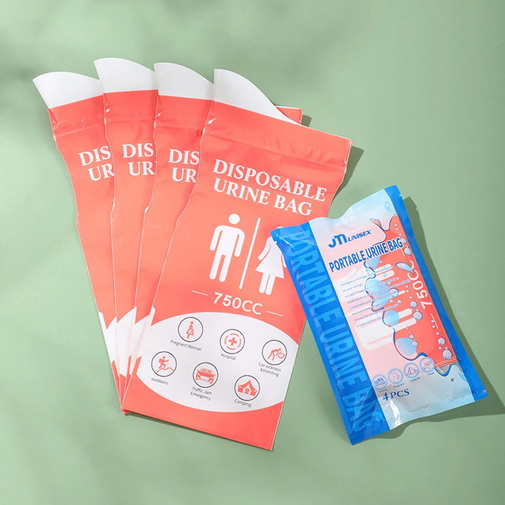 4Pcs 일회용 소변 주머니 야외 비상 소변 주머니 누출 방지 비상 소변/소변 주머니 자동차 소변 주머니 캠핑 하이킹을위한 750ml