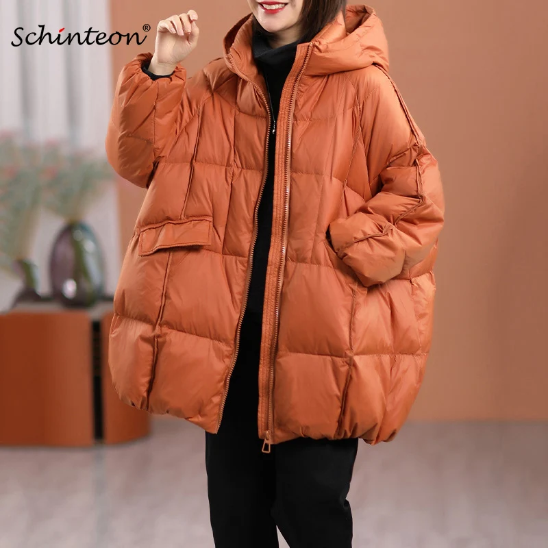 Schinteon Women White Duck Down Jacket With Hood Autumn Winter Warm