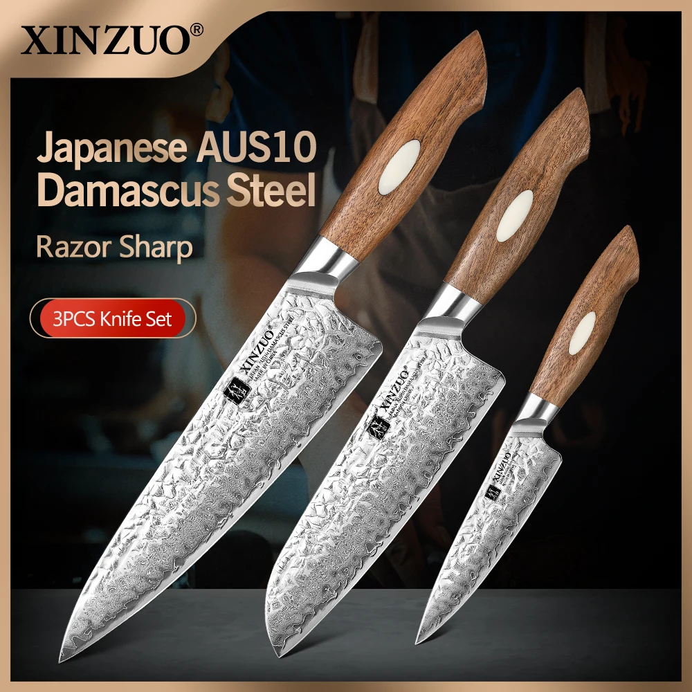 

XINZUO 3PCS Kitchen Knife Set Damasus Steel Knives Kitchen AUS-10 Chef Santoku Fruit Knives North America Black Walnut Handle