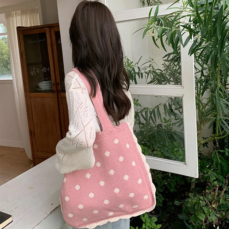 2023 New Tote Knitted Bag Shoulder Bag Sweet Pink Fashion Simple Large Capacity Shopping Bag for Women Stylish Casual All-match
