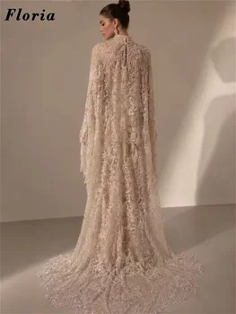 Muslim Champagne Evening Dresses Cape Long Sleeves Prom Dress Customized Saudi Arabia Beaded Crystals Wedding Party Gowns Robes