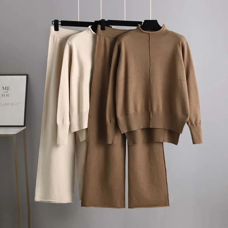 

Ladies Loose Half Turtleneck Sweater and Wide Leg Pants Suit Woman Fashion Knitted Fashion Baseball Sports Two Piece Set G599