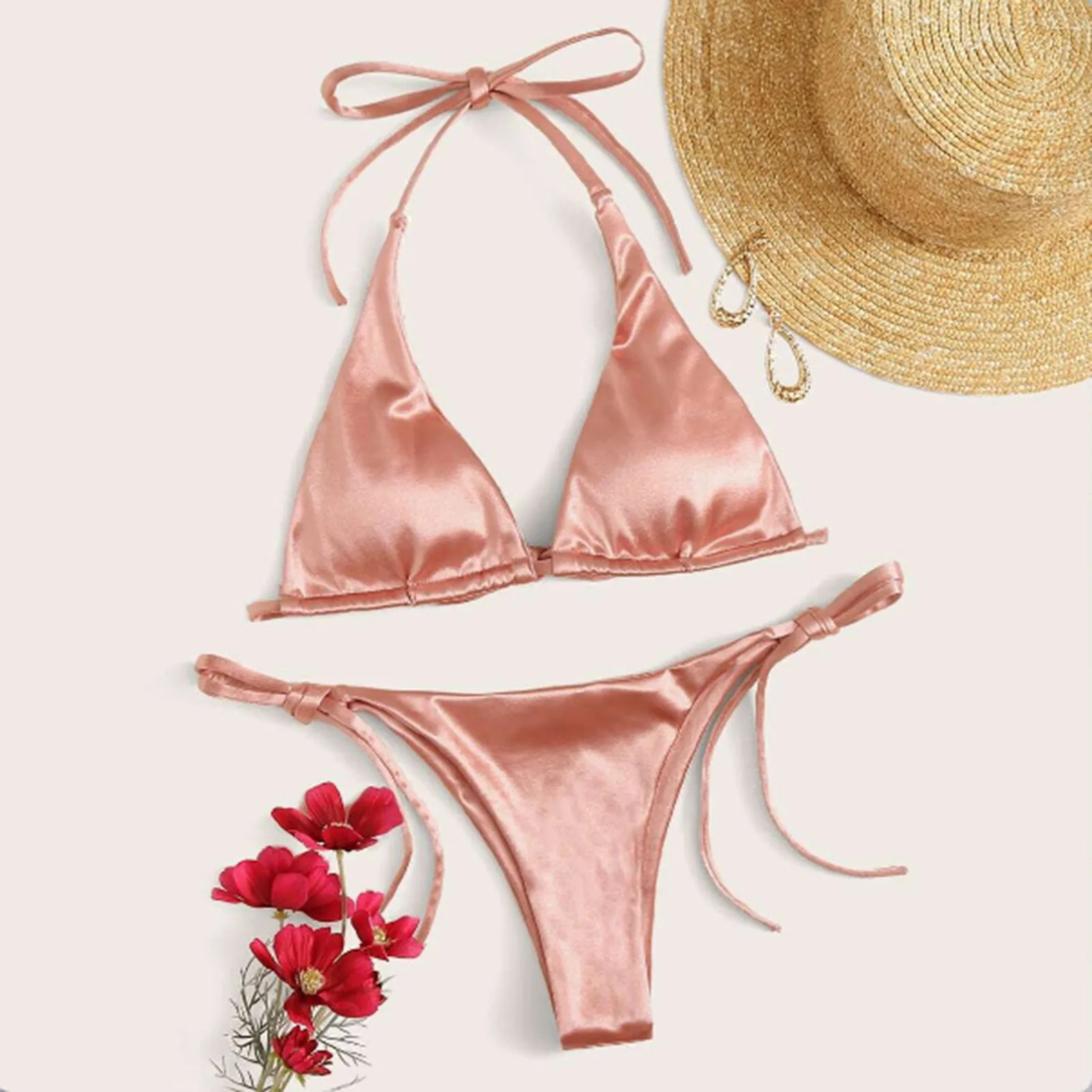 Metallic Satin Brazilian Bikini Women Halter Swimwear Beachwear Female Swimsuit Two-Pieces Bikini Set High Cut Pool Bathing Suit