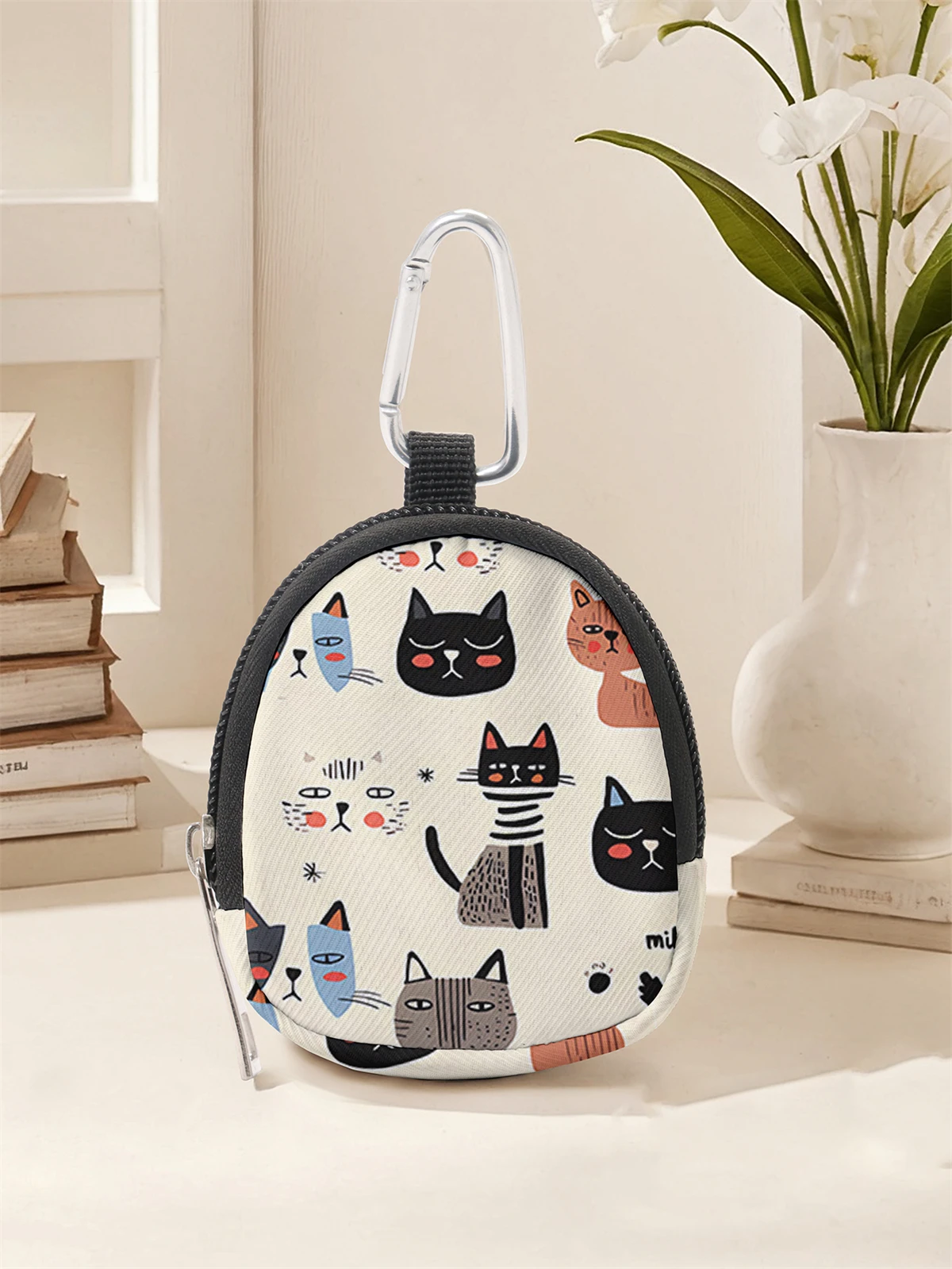 Cat pattern printed mini wallet, zipper change bag with hook clip, headphone key bag, suitable for men and women