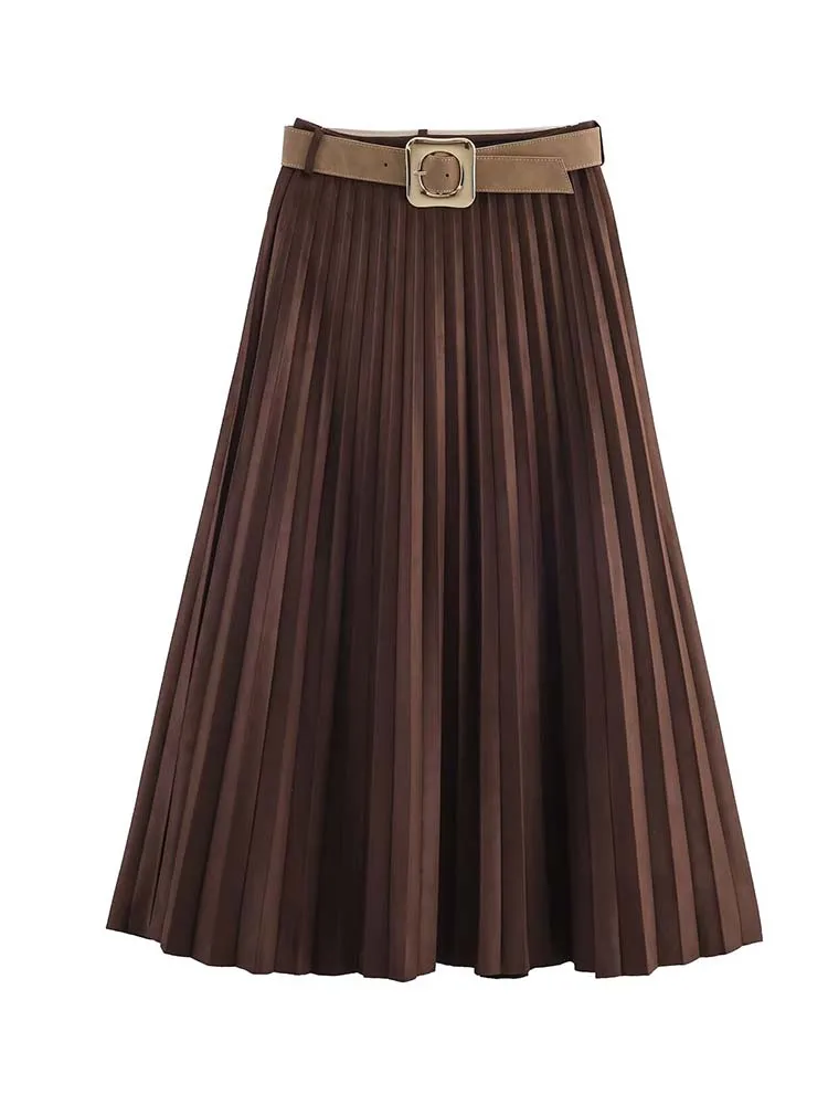 Women Chic Elegant Wrinkle Skirt With Belt Fashion 2025 New Vintage Midi Skirt High Street Casual Holiday Skirts