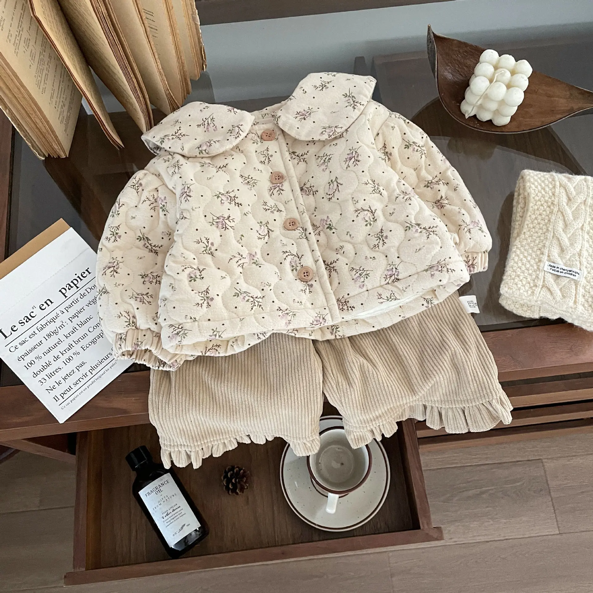 Baby Clothes Girls Doll Collar Fleece Floral Cotton Padded Jacket Winter New Girls Baby Fashion Thickened Cute Coat