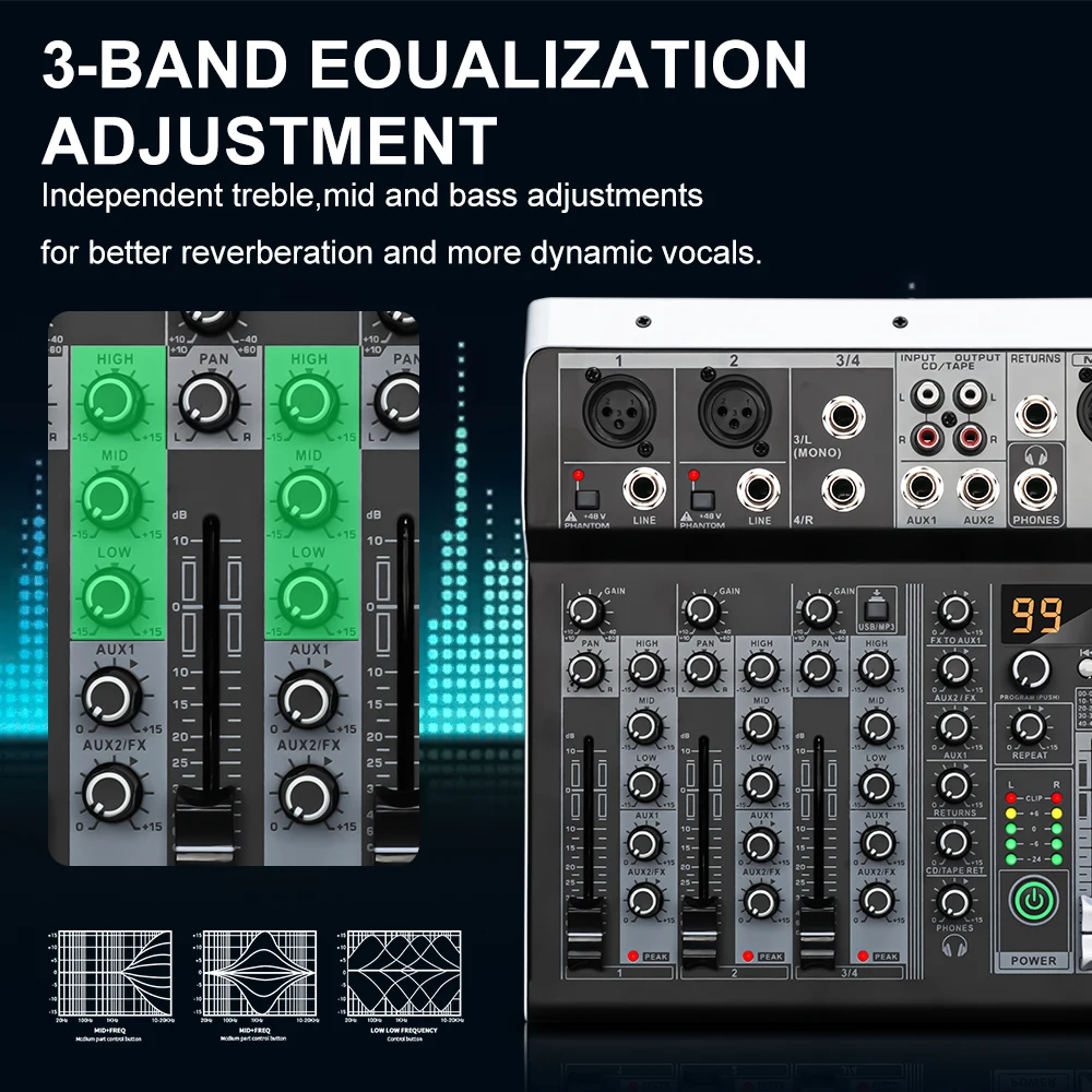 LEUS MX4 Channel 99 DSP Effect Audio Mixer Record PC 48V Phantom Power USB Sound Mixers Bluetooth DJ Console Mixing for Karaok audio mixer