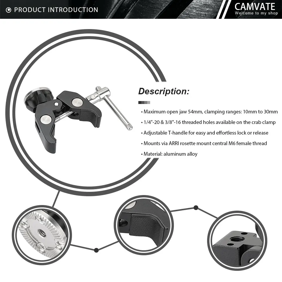 Super Crab Clamp With ARRI Rosette Mount M6 Female Thread & 1/4"-20 Threaded Hol