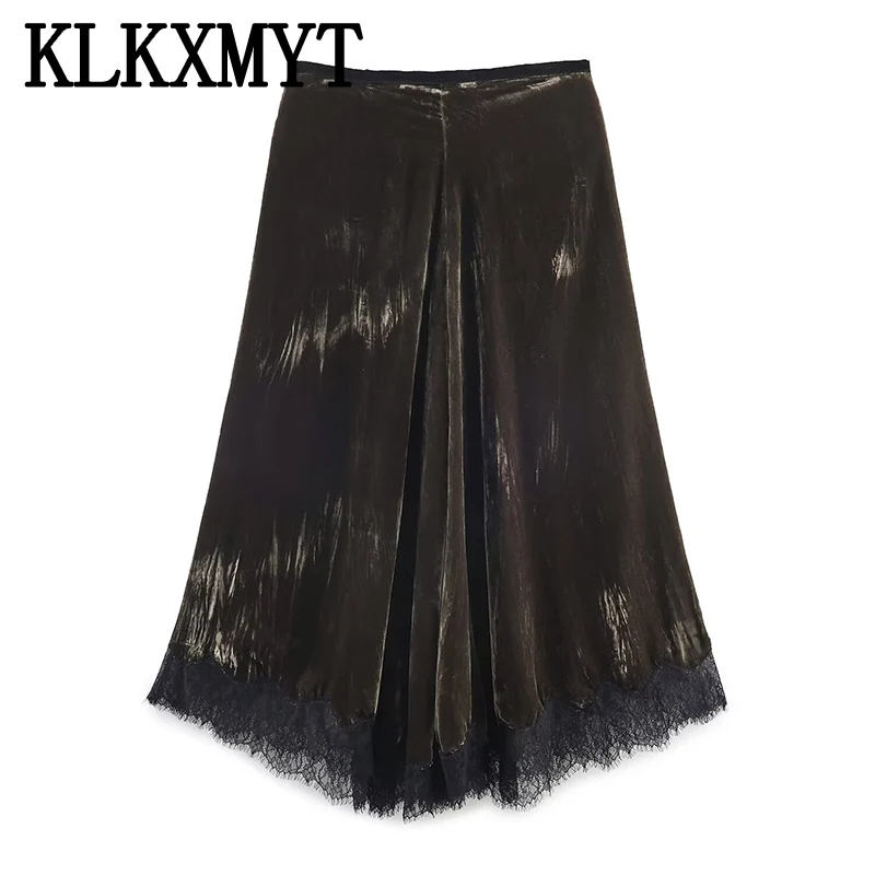 Elegant Velvet Long Skirts For Women Fashion Lace Hem Splicing New High Waist Midi Skirt High Street Casual Chic Party Skirts