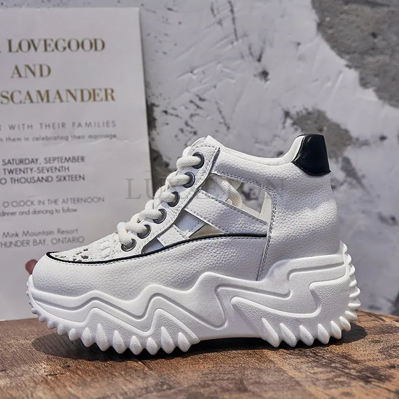 

Hollow Genuine Leather Weave Splicing Trend Sneaker Sandals Platform Non-slip Within Increased Sneakers Women Shoes
