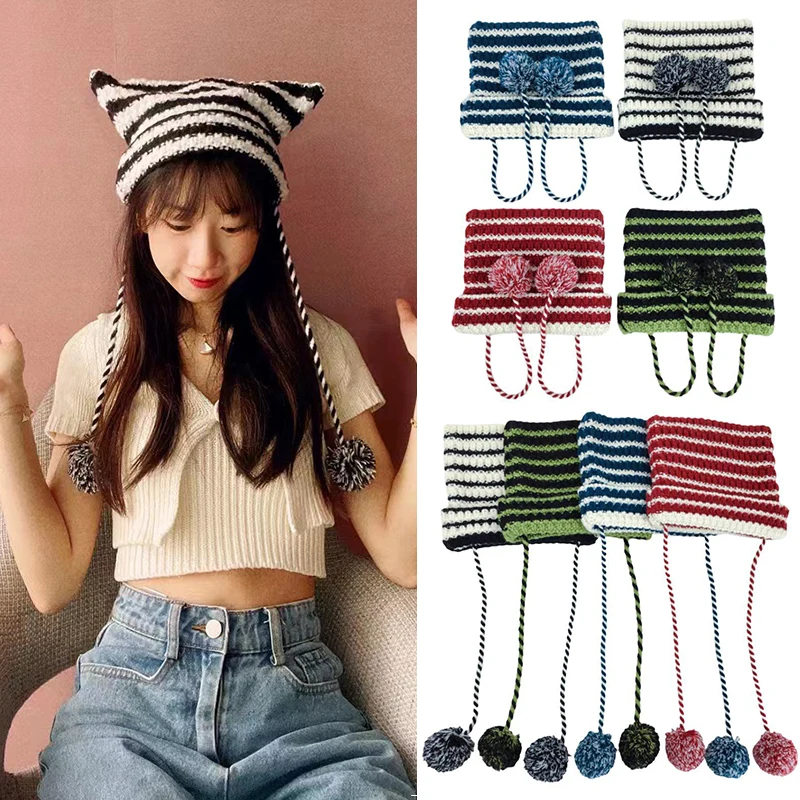 

2022 Y2K Crochet Beanie Hat Ins Striped Knitted Wool Cap Autumn Winter Cat Ears Pointed Pullover Women's Party Hats Accessories