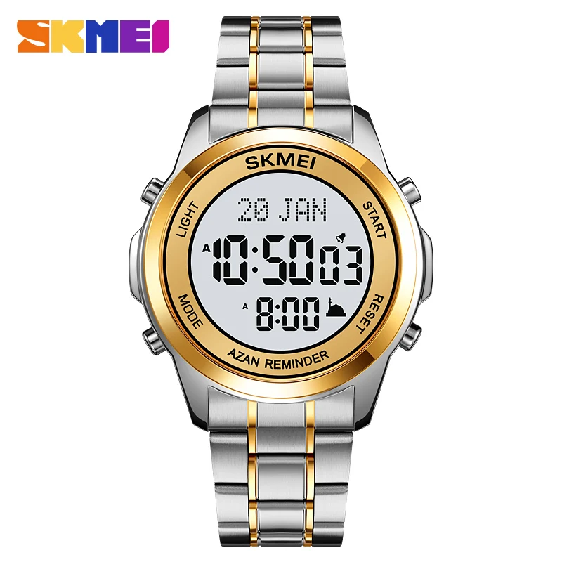 

SKMEI 2097 Azam Digital Watch for Man Qibla Name Display Pilgrimage Time Reminder Stainless Steel Wristwatches