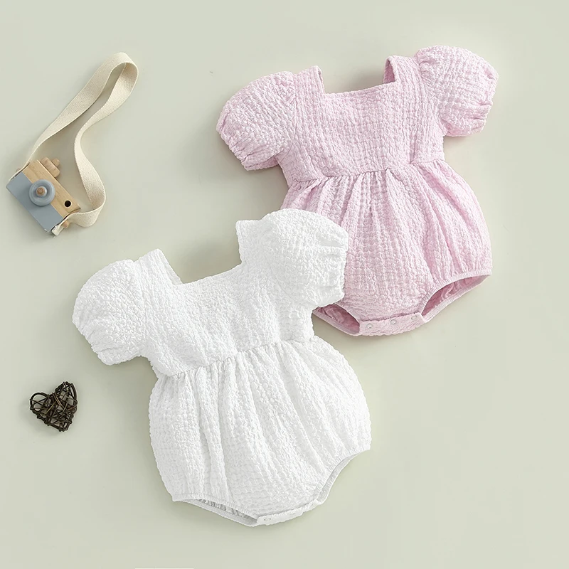 FOCUSNORM 4 Colors 0-18M Lovely Baby Girls Bubble Romper Short Puff Sleeve Square Neck Backless Newborn Playsuit baby rompers baby jumpsuit baby clothing