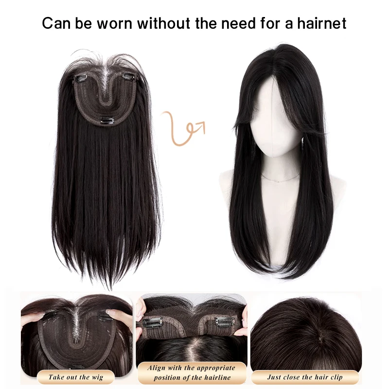 55cm 15X16cm Hairnet Straight Mixed Hair Invisible 3D Toupee Clip in One Piece Hair Extensions Topper for Women Loss