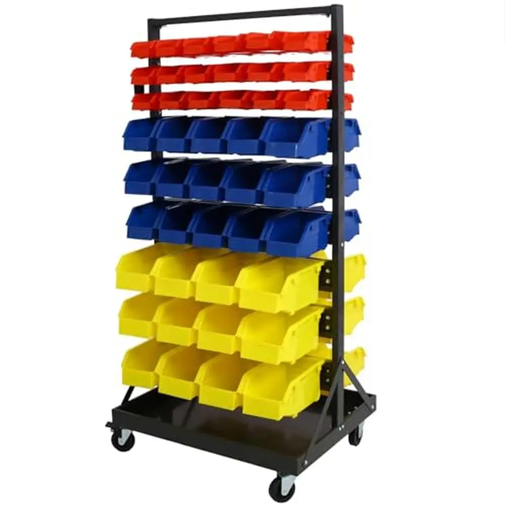 Steel Frame 90 Parts Bin Rack System with Lockable Casters Label Area Space-Saving Design Mobile Organizer Shop Storage Bin Rack