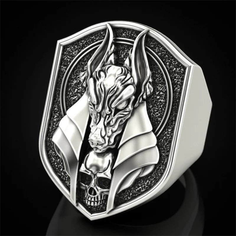 Antica Mitologia Egizia Grim Reaper Anubis Ring Retro Jackal Head Anello Maschio Placcato Argento