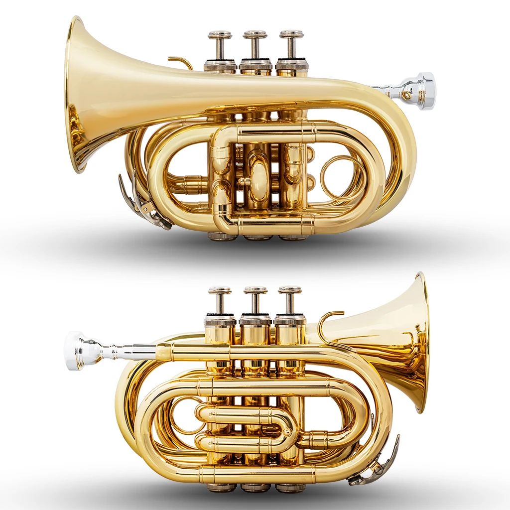 Professional Pocket Trumpet Tone Flat B Bb Brass Music Instruments Mouthpiece Gloves Cloth Brush Grease Case Woodwind Instrument