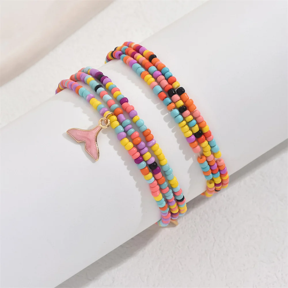 Cute Pink Whale Tail Pendant Anklets For Women Rainbow Beads Foot Chain Fishtail Ankle Bracelet Beach Jewelry Summer Accessories