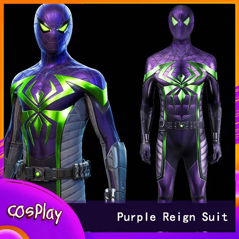 

Spider Man Miles Morales Purple Reign Suit Cosplay Costume Superhero Jumpsuit Comic-con Party Props Bodysuit Adult X-mas Gift