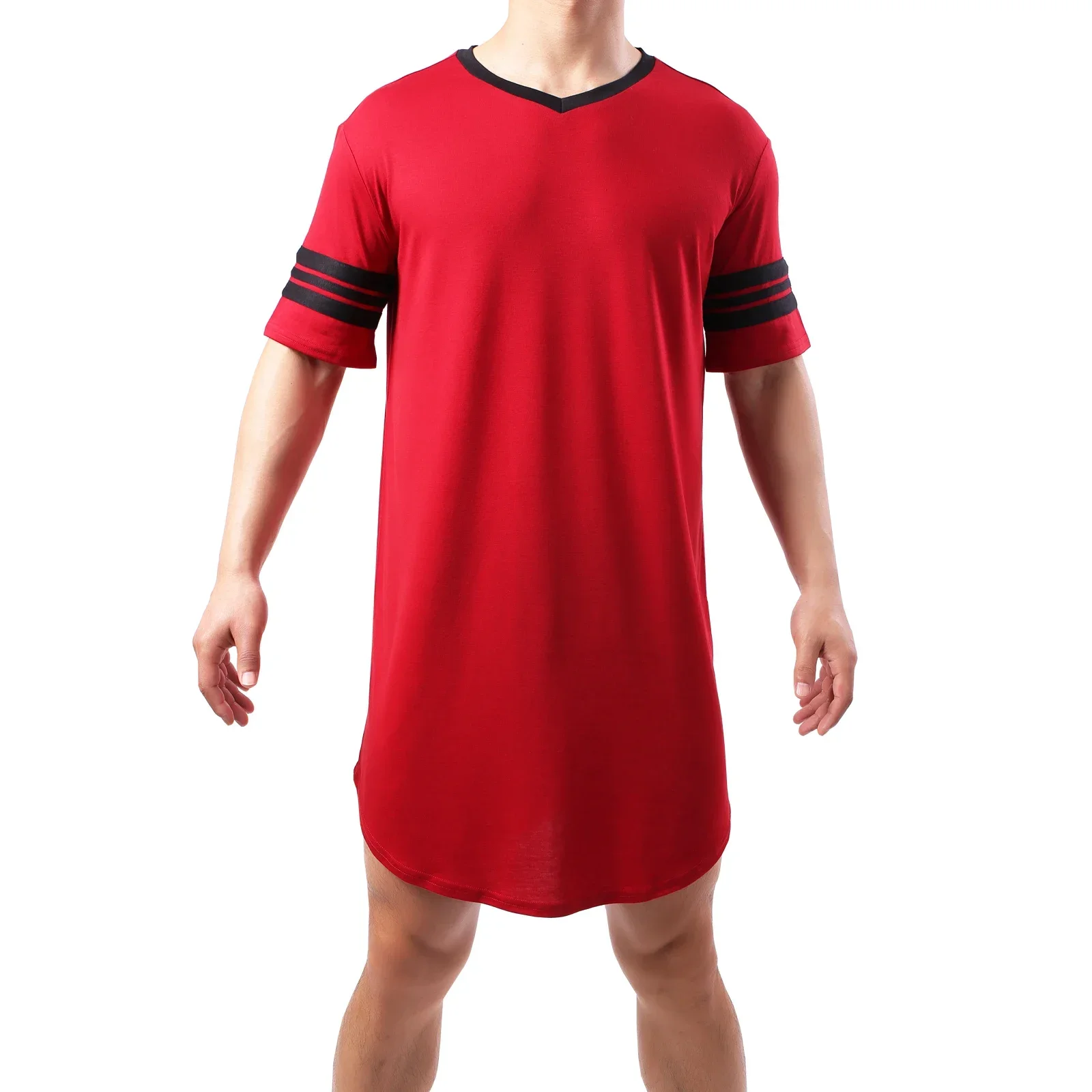 Summer Men Short Sleeve V Neck Homewear Bathrobe Male Patchwork Sleepwear Robe Hombre Loose Comfy Knee-length Nightgown Homewear