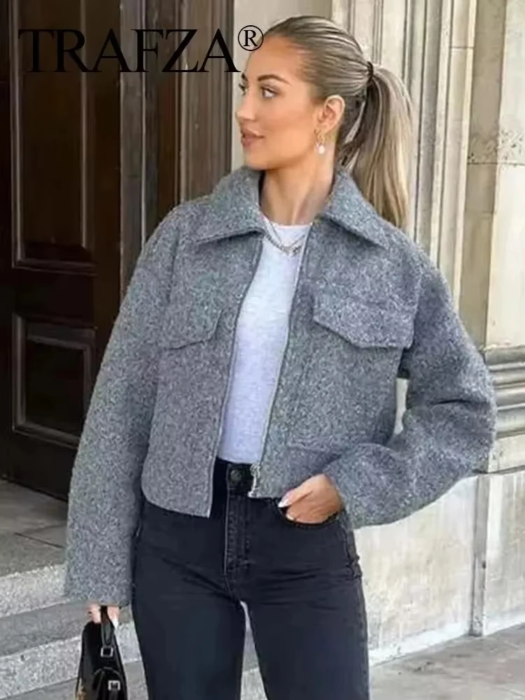 HH Women Casual Coat With Pockets Grey Front Zipper Jackets Vintage Lapel Neck Long Sleeve Female Chic Maternity Outfits