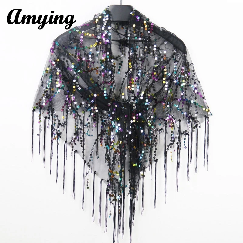 

2024 New Sexy Mesh Hollowed Out Triangle Scarf Ladies Casual Lace Shiny Fringe Evening Shawl Women Sequins Scarf Shawl