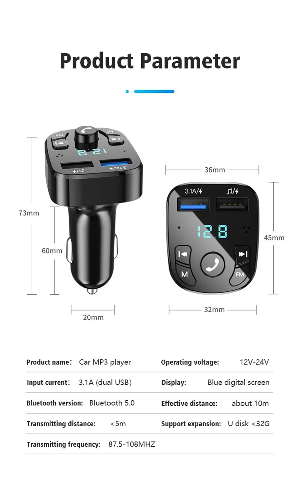 Quick Charge3.0 Car Charger Bluetooth5.0 Music Player FM Transmitter Dual USB Port Car Charger 3.1A Fast Charger Audio Recciever