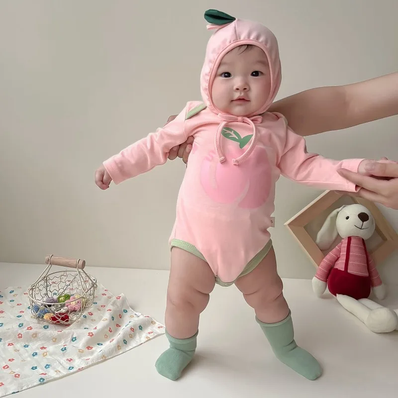 Korean Baby Bodysuit Lovely Peach Onesie Long Sleeve Kawaii Cute Fruit Printed Romper Cotton Soft Infant Baby Boy Girl Clothes
