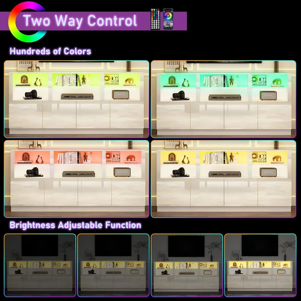 32'' tall white tv stand for 65/75/80/85 inch tvs with rgb led lights,modern high gloss entertainment center cabinet stands with