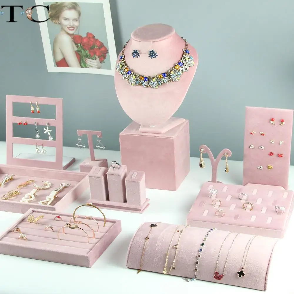 Soporte de exhibición de Joyas para mostrador de ventana, accesorio tela de terciopelo rosa para anillos y collares, decoración imágenes - AliExpress