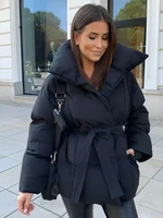 Manteaux courts marron à col montant pour femme, couleur unie et épais, élégants, nouvelle collection hiver, vestes bouffantes solides, Streetwear pour dames 5